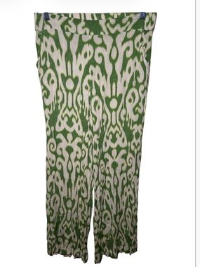Rose Olive Sheer Green & Cream Patterned Wide Leg Pants Flowy Comfort Fall Small